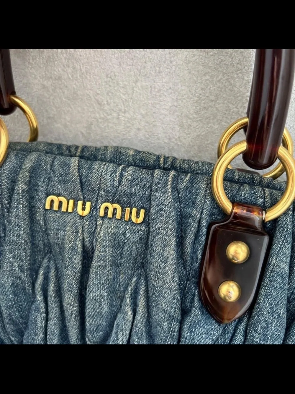 Miu Miu Blue Denim Matelassé Tote with Gold Hardware
